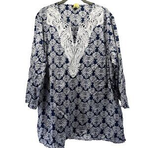 Talbots Women‎ Tunic Top 2X Blue White V Neck 3/4 Sleeve Pullover Lightweight